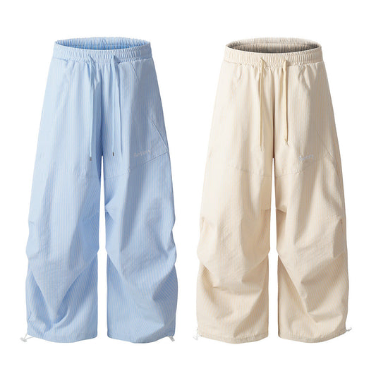 Vertical Striped Casual Long Pants Men's Sporty Loose Cargo Trousers Pleated Design Wide-Leg Pants Trendy