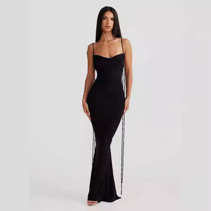 Backless suspender hip hugging long solid color dress