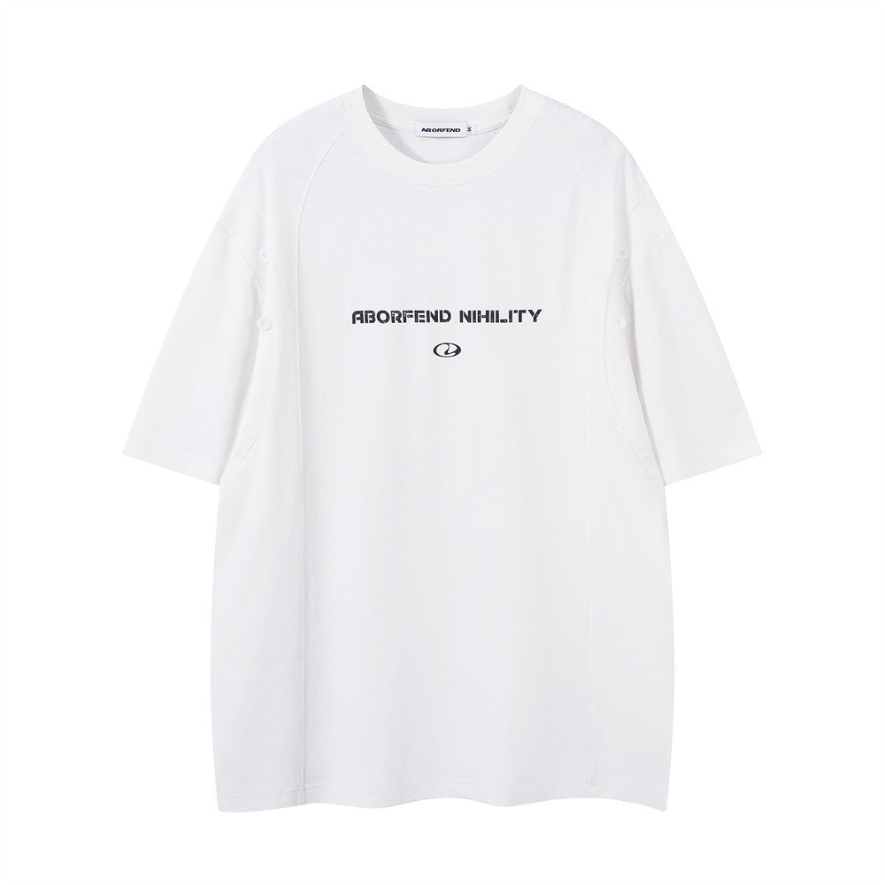 Fake Two-Piece Button Short Sleeve T-Shirt Men's Loose Street Letter Print Round Neck Three-Quarter Sleeve Top