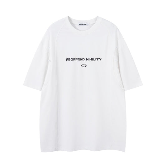 Fake Two-Piece Button Short Sleeve T-Shirt Men's Loose Street Letter Print Round Neck Three-Quarter Sleeve Top