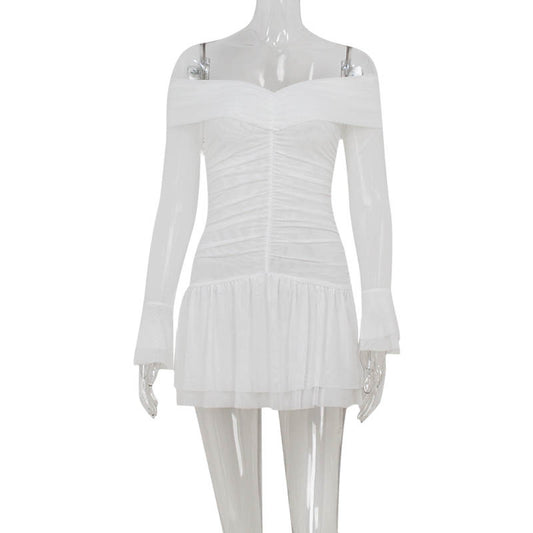 One shoulder flared long sleeved dress with slimming and pleated A-line short skirt