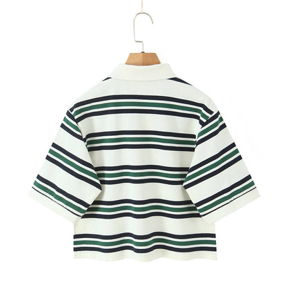 Summer New Women's Style Striped Polo Collar Loose T-Shirt Top