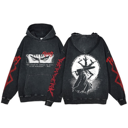 American retro washed hoodie for men and women, hip-hop sword style legendary dark print hoodie, vintage hoodie