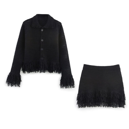 Elegant Tassel Long Sleeve Jacket and High Waist Skirt Set with