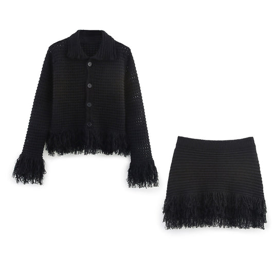 Elegant Tassel Long Sleeve Jacket and High Waist Skirt Set with