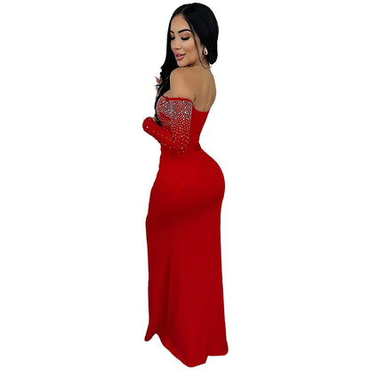 Solid Color Long Dress with High Slit and Rhinestone Embellished Strapless Design for Women