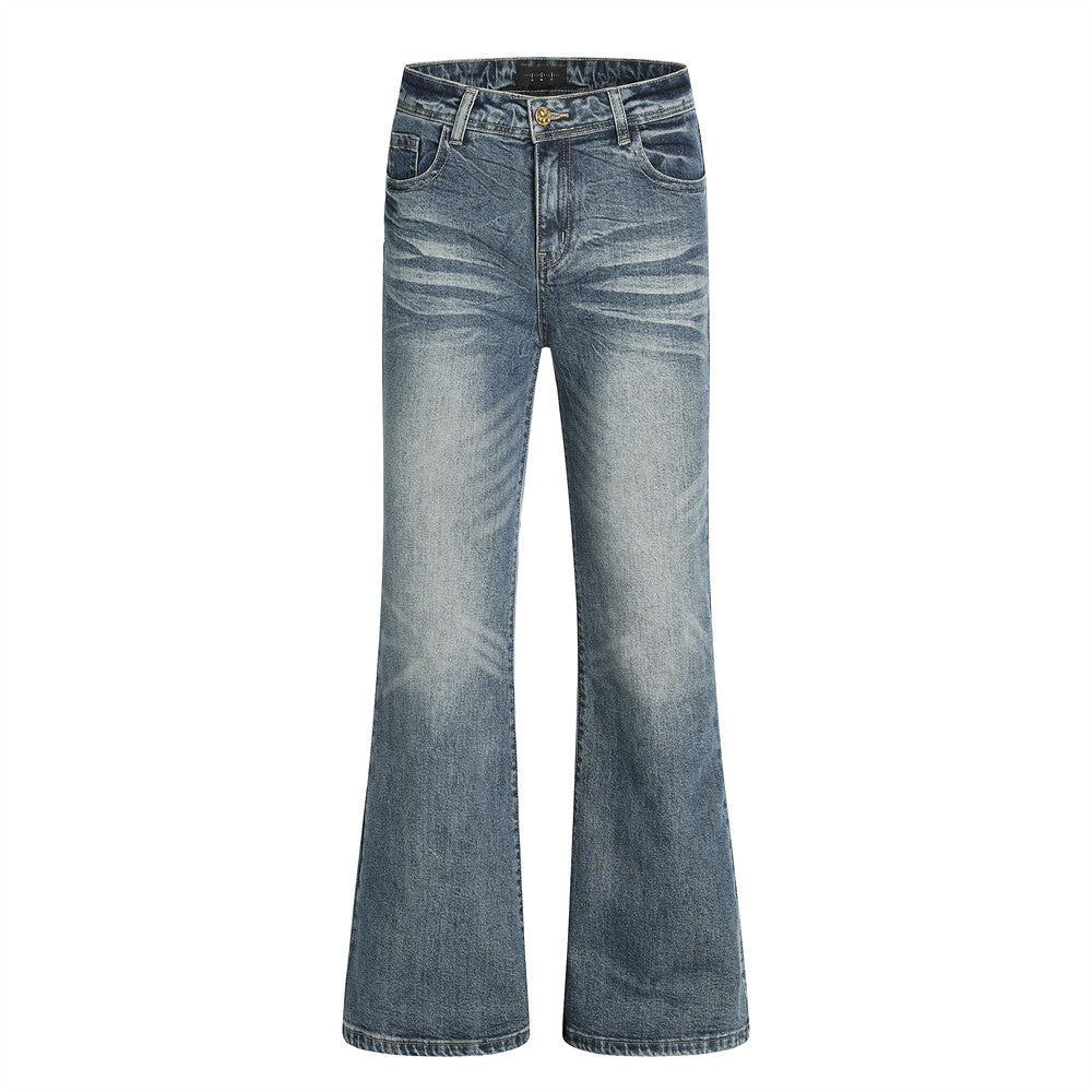 Style Vintage Washed Denim Flare Pants Men's Long Trousers with Unique Pocket Design and Slim Fit