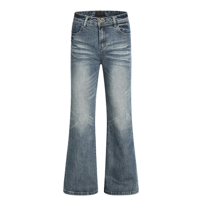 Style Vintage Washed Denim Flare Pants Men's Long Trousers with Unique Pocket Design and Slim Fit