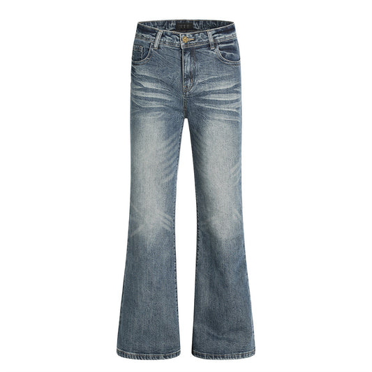 Style Vintage Washed Denim Flare Pants Men's Long Trousers with Unique Pocket Design and Slim Fit
