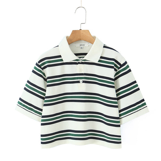 Summer New Women's Style Striped Polo Collar Loose T-Shirt Top