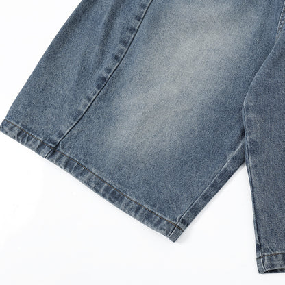 Punk Washed Distressed Denim Shorts Men's Loose Wide-Leg Daily Casual Pants Deconstructed Patchwork Straight Leg Knee-Length Pants