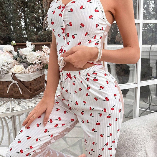 Sexy Ruffle Trimmed Multi-Color Heart Print Comfortable Casual Loungewear Set - Strap Shorts