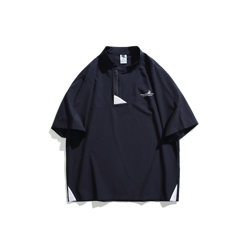Splicing mesh letter printed stand up collar short sleeved men's loose T-shirt