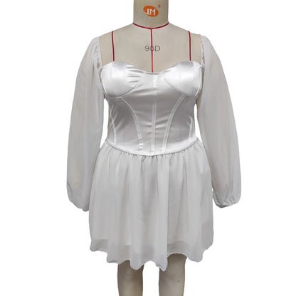 Women's Dress New Arrival Strapless Square Neck Mesh Splicing Satin High Waist A-Line Dress
