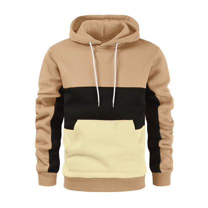New autumn and winter men's warm plush hoodie, fashionable color blocking casual pullover hoodie, sports hoodie
