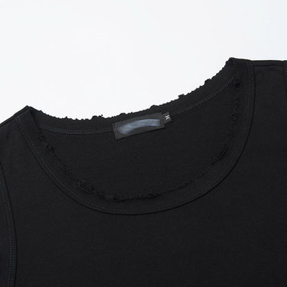 Summer Men's Vest Ripped Loose Casual Sports INS Trend Pure Color Versatile Round Neck Sleeveless T-Shirt American Style