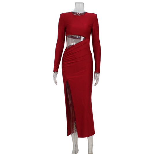 Temperament Half High Collar Long Sleeve Split Waist Dress