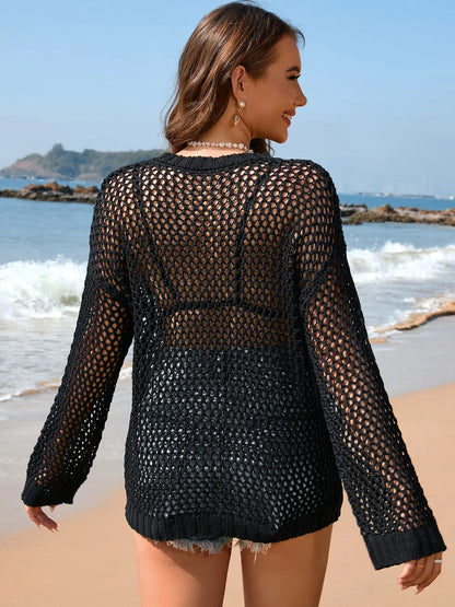 Women's Knitted Shirt Round Neck Love Beach Hoodie Resort Solid Color Women's Knitted Shirt