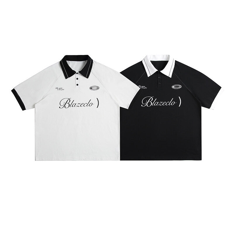 Letter print loose contrasting collar short sleeved polo shirt for men
