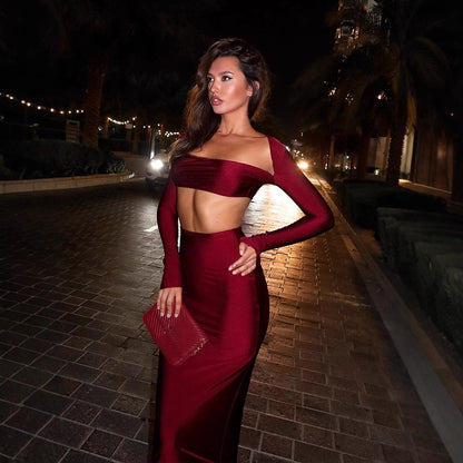 Sexy waist exposed long sleeved chest wrapped top hip wrapped skirt two-piece set
