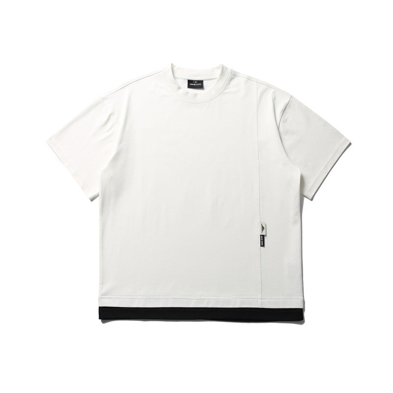 Splicing fake two short sleeved men's loose five quarter T-shirt
