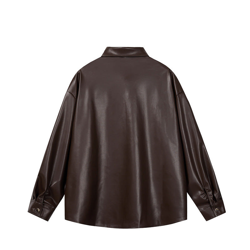 Simple solid color soft leather long sleeved men's and women's shirts