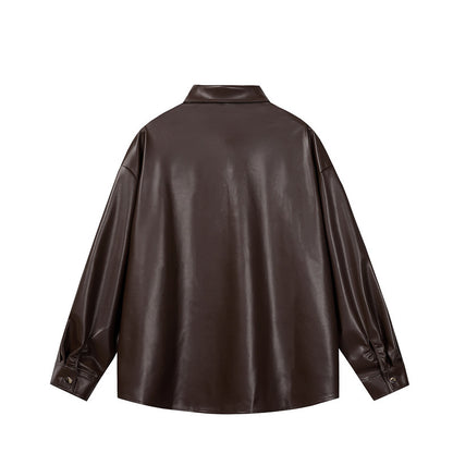 Simple solid color soft leather long sleeved men's and women's shirts