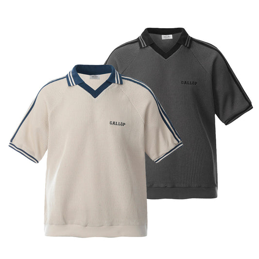 Summer Men's Polo Shirt Spliced Stripe Three-Stripes V-Neck Flip Collar Short Sleeve T-Shirt High Street Trendy Loose Top