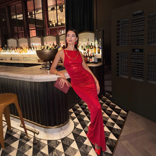 Sleeveless camisole dress slim fit solid color hip hugging evening gown
