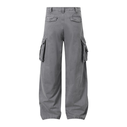 Solid Color Multi-Pocket Workwear Straight Leg Pants Men's Long Trousers Punk Street Style Pleated Design Washed Loose Wide-Leg Pants