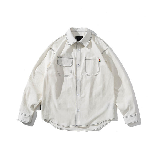 Color blocked bright thread long sleeved loose shirt