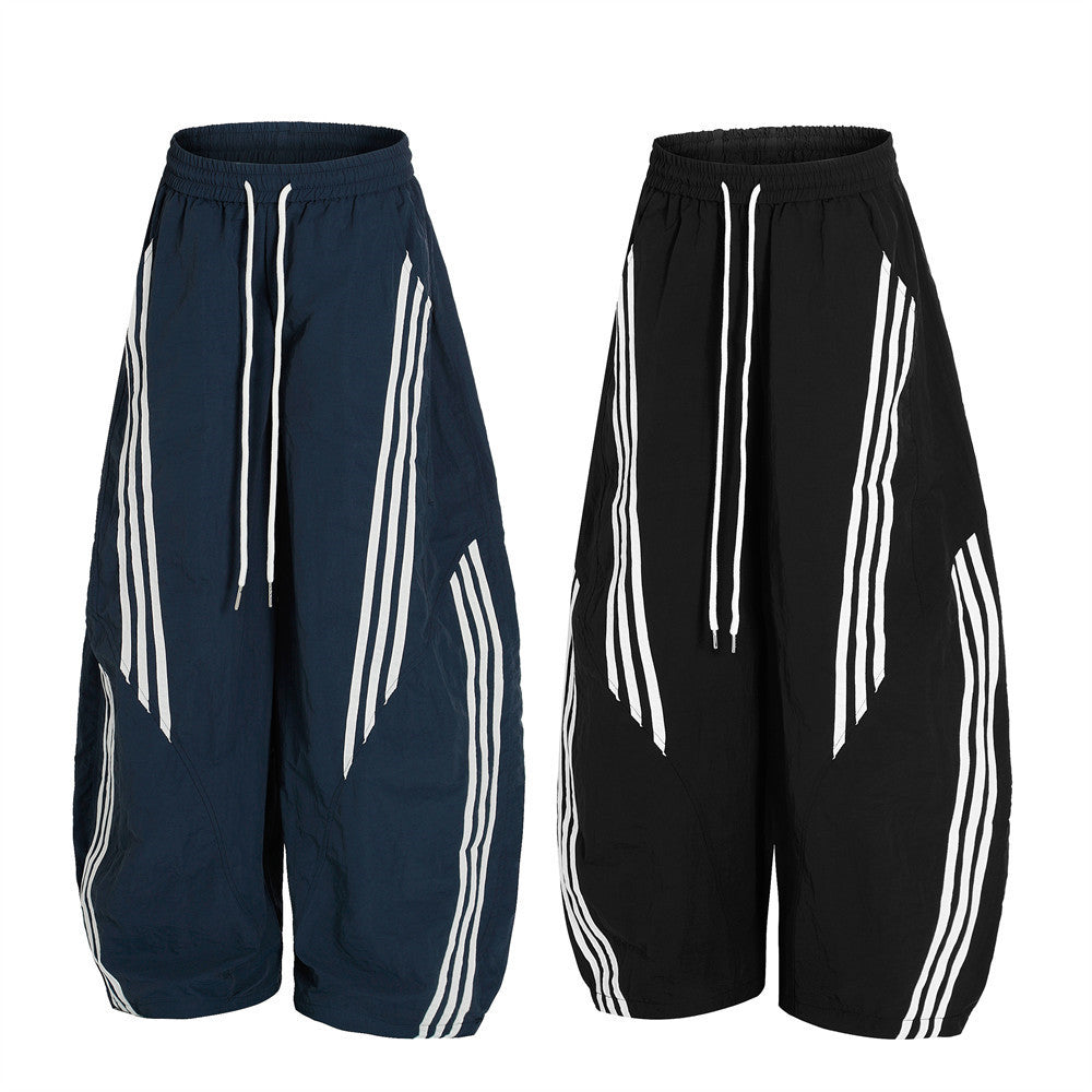 Casual Wide-Leg Pants Men's Loose Scythe Pants Vibe High Street Design Three-Stripe Pattern Trousers