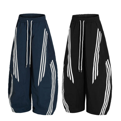 Casual Wide-Leg Pants Men's Loose Scythe Pants Vibe High Street Design Three-Stripe Pattern Trousers