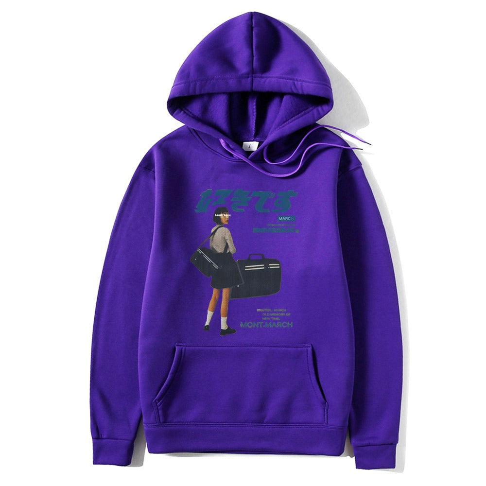 Japanese character printed casual hoodie for men and women, loose couple hooded hoodie