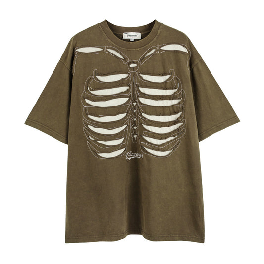 Hollow-out Skull Skeleton Short Sleeve T-Shirt Men's High Street Small Batch Vintage Washed Half Sleeve Top Summer