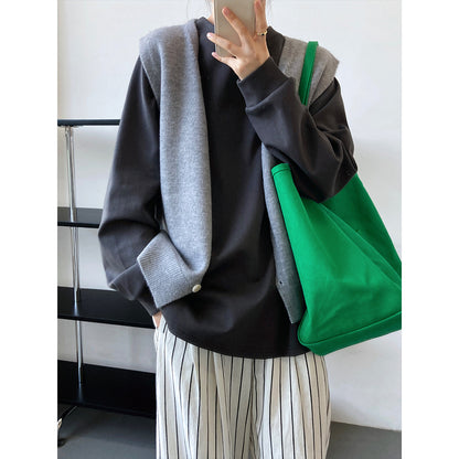 Solid color round neck layered long sleeved T-shirt loose women's base hoodie