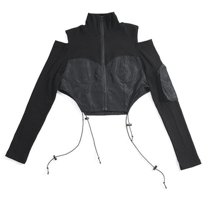 Standing collar short top women's elastic drawstring hollowed out off shoulder long sleeved thin hoodie