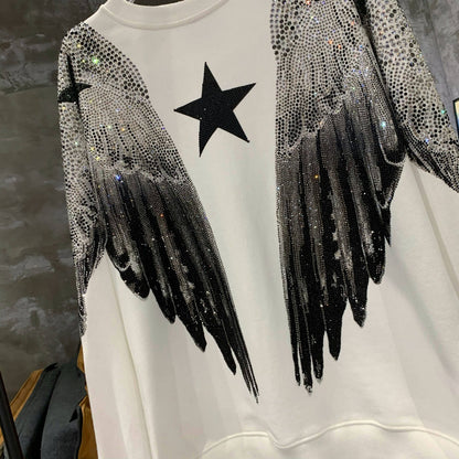 Autumn and winter luxury fashion hoodie for men and women, heavy-duty hot stamping, full diamond, large wings, wings, round neck pullover, couple style