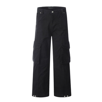 High Street Wide-Leg Work Pants Men's Vibe Trendy Pleated Multi-Pocket Design Solid Color Loose Straight Leg Long Pants