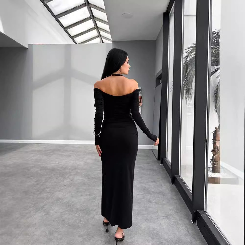 One line neck backless pleated long sleeved dress with hip opening