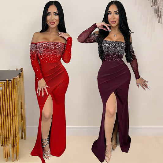 Solid Color Long Dress with High Slit and Rhinestone Embellished Strapless Design for Women