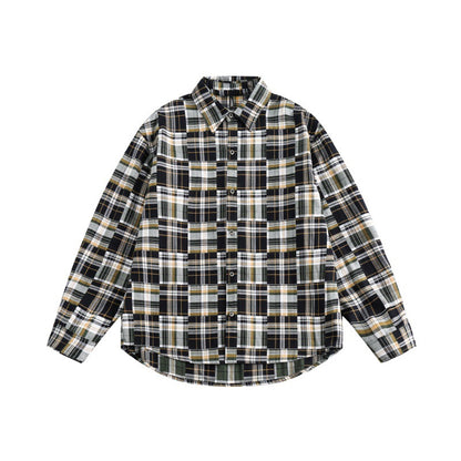 Color blocked checkered long sleeved loose casual shirt