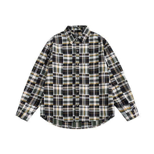 Color blocked checkered long sleeved loose casual shirt