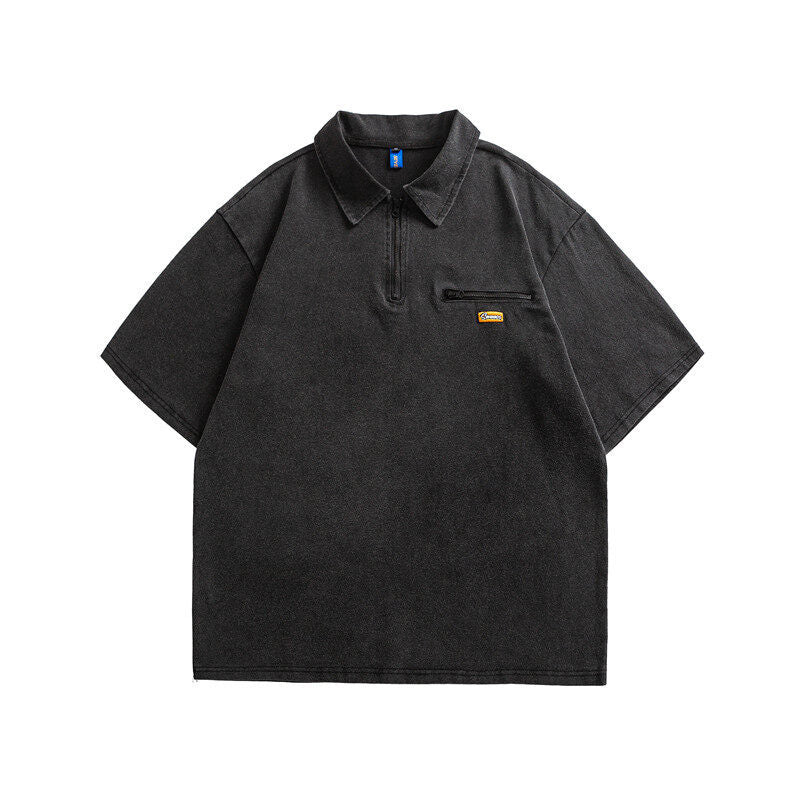 Splicing loose half zipper short sleeved polo shirt for men and women