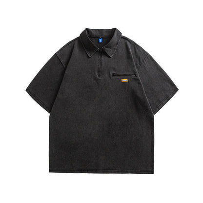 Splicing loose half zipper short sleeved polo shirt for men and women