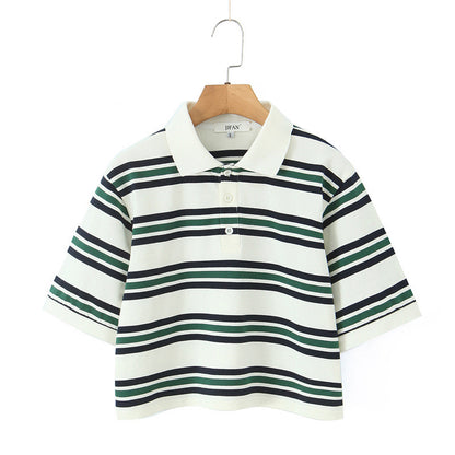Summer New Women's Style Striped Polo Collar Loose T-Shirt Top