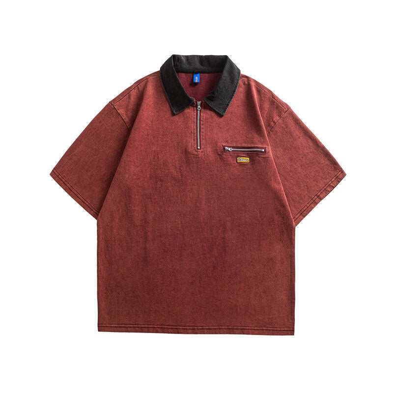 Splicing loose half zipper short sleeved polo shirt for men and women