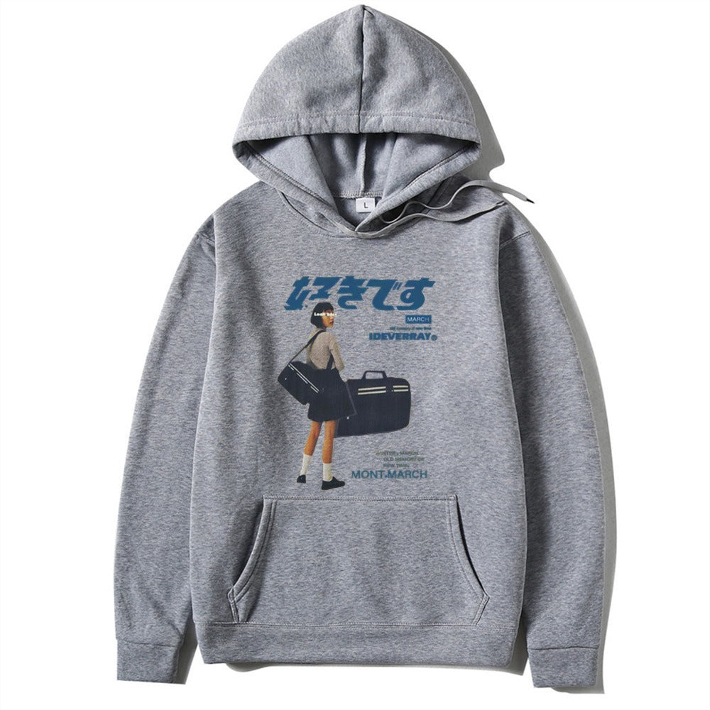 Japanese character printed casual hoodie for men and women, loose couple hooded hoodie