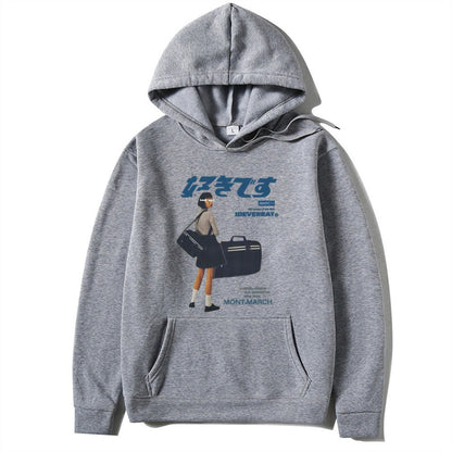 Japanese character printed casual hoodie for men and women, loose couple hooded hoodie