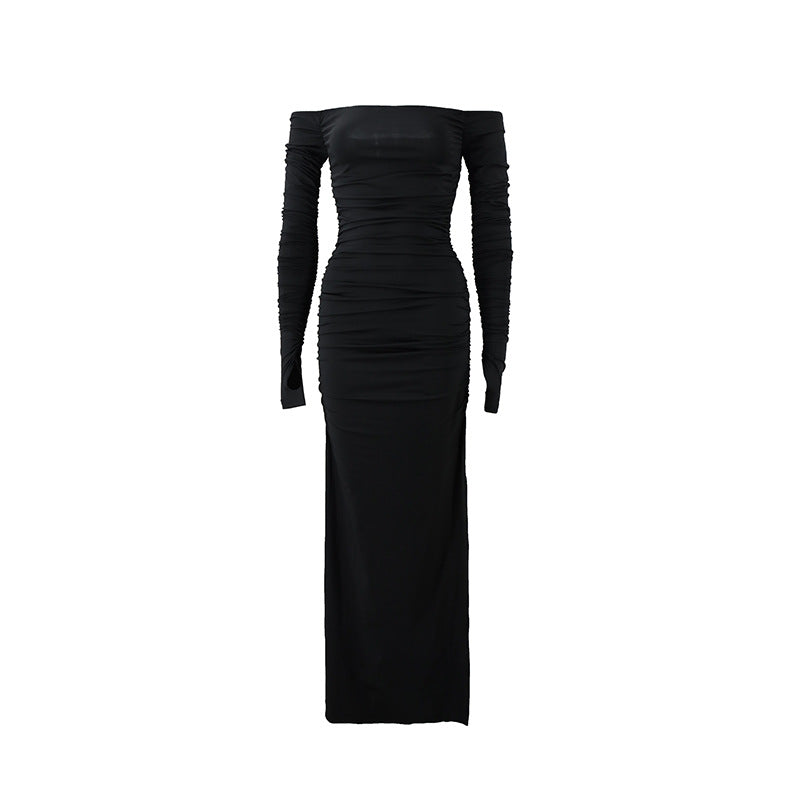One line neck backless pleated long sleeved dress with hip opening